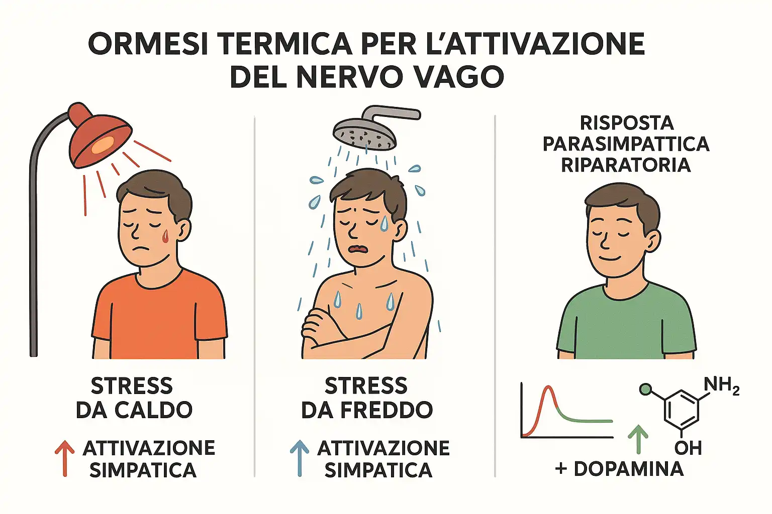 Infografica in tre pannelli che mostra una persona sottoposta a stress da caldo e freddo, seguita da una fase di recupero.