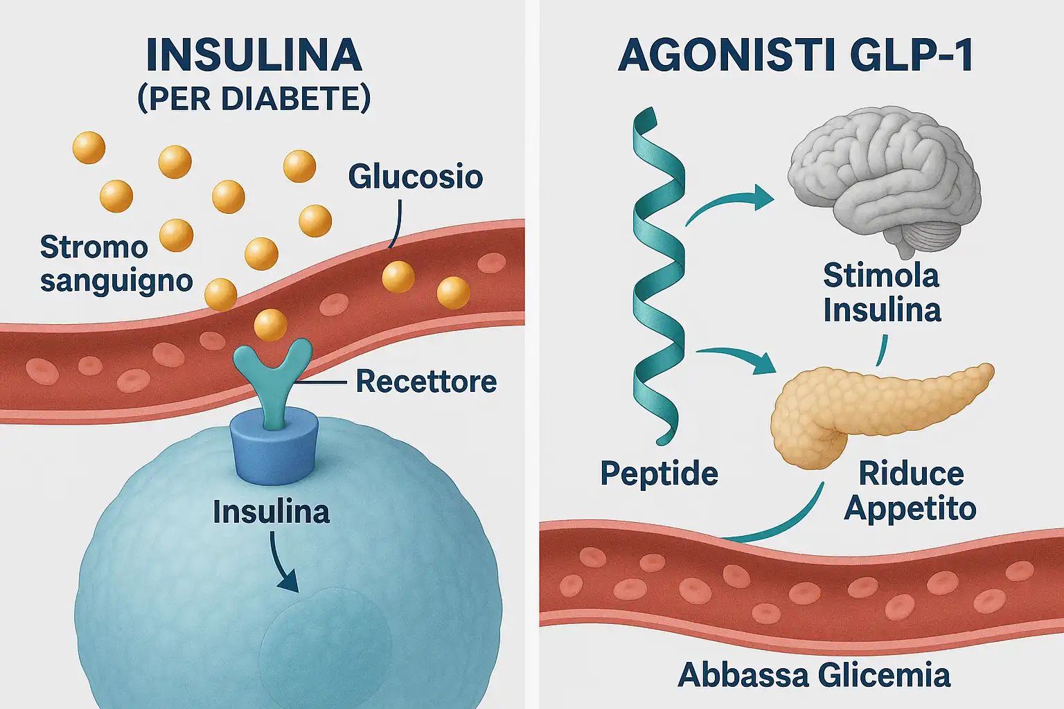Infografica che confronta l'azione dell'insulina per il diabete con quella degli agonisti GLP-1, che agiscono su pancreas, cervello e glicemia.
