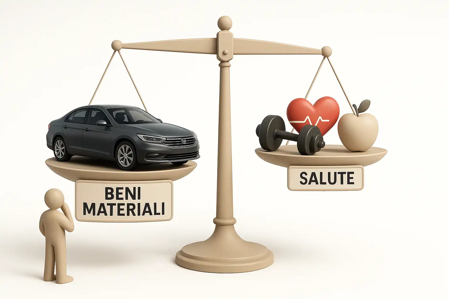 Bilancia in squilibrio con un'auto pesante da un lato e simboli di salute come cuore, mela e manubrio dall'altro, più leggero.