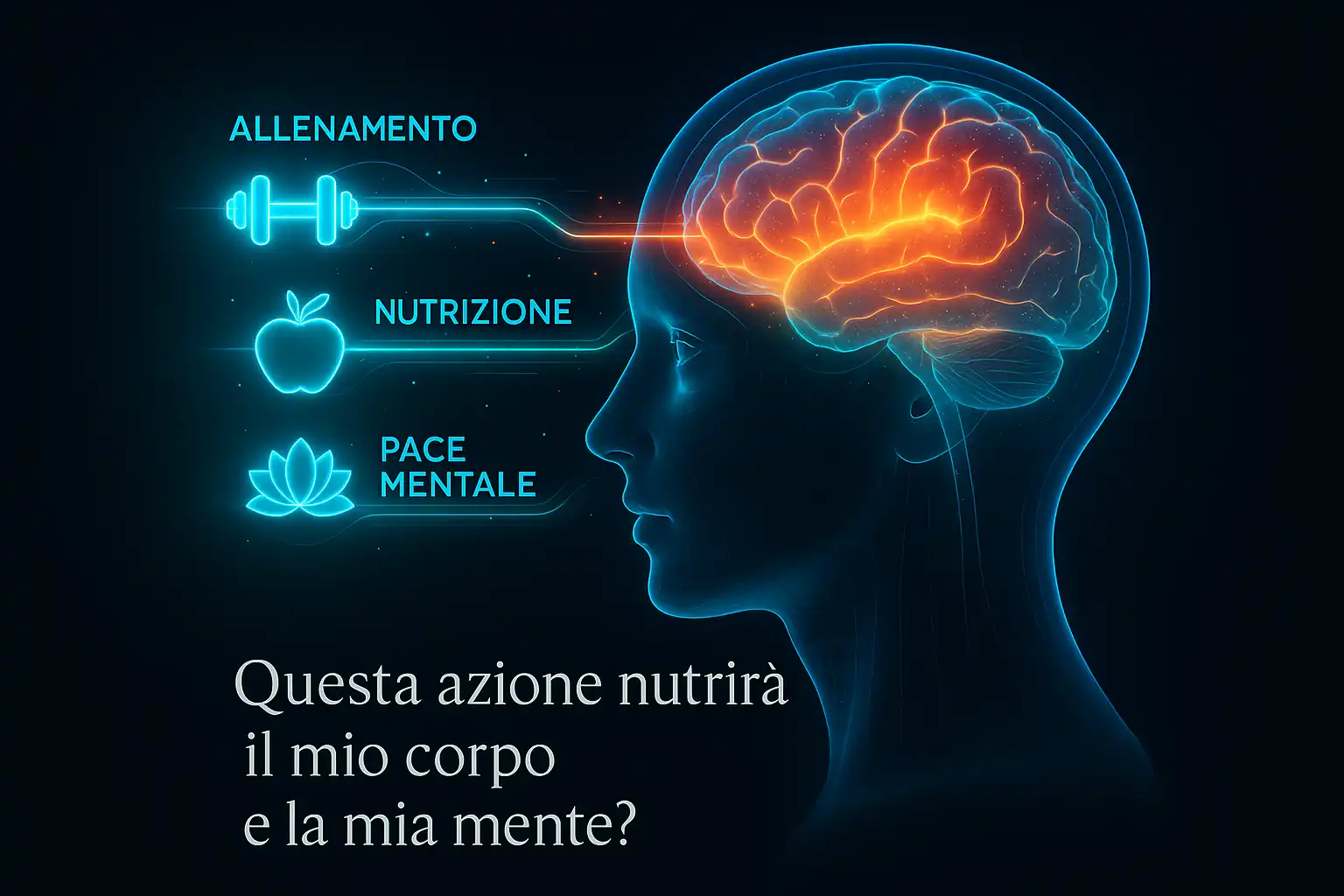 Testa umana trasparente con un cervello luminoso in cui confluiscono flussi di energia per allenamento, nutrizione e pace mentale.