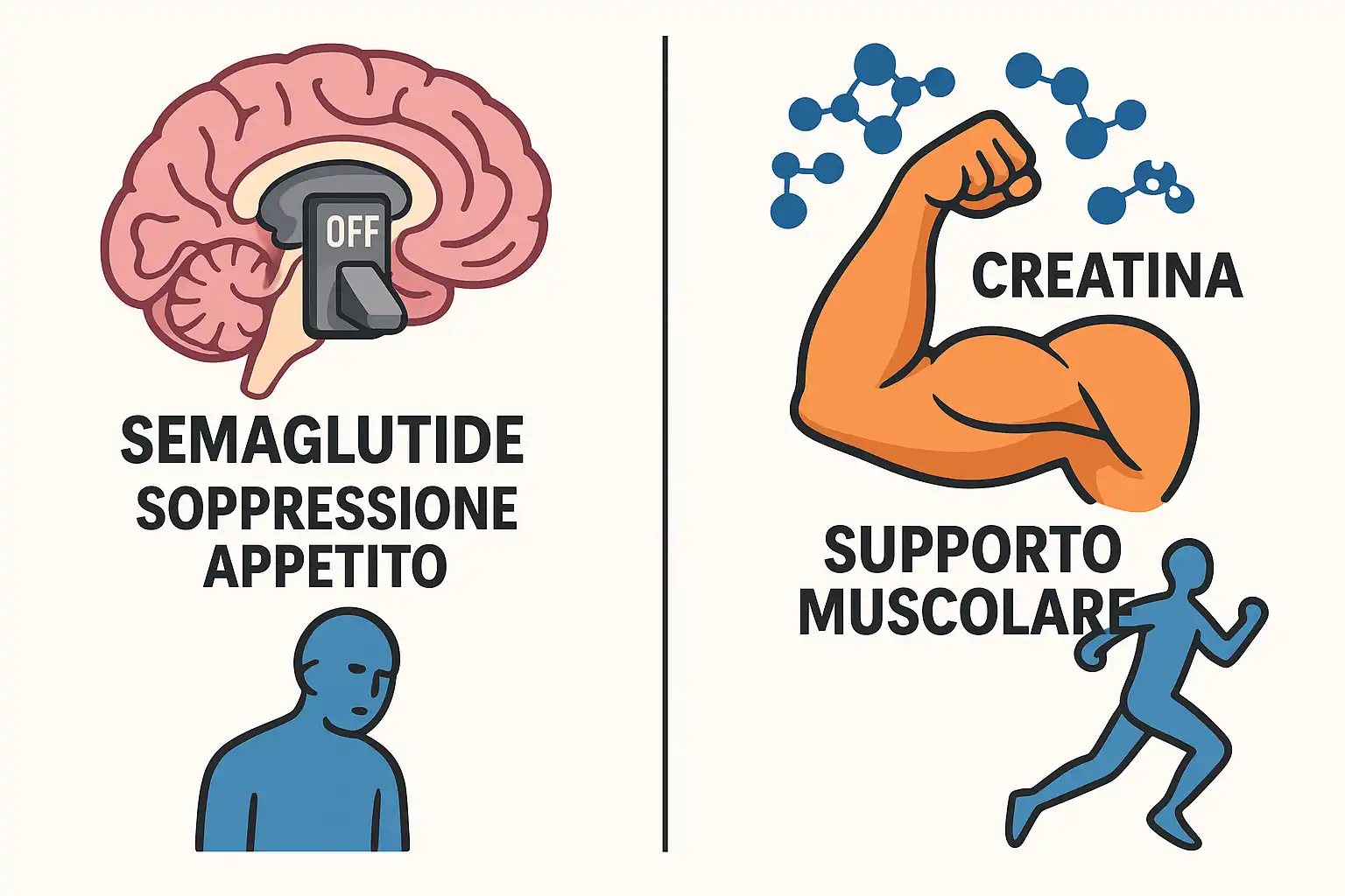 Schema che confronta la soppressione dell'appetito da Semaglutide con il supporto muscolare della Creatina.