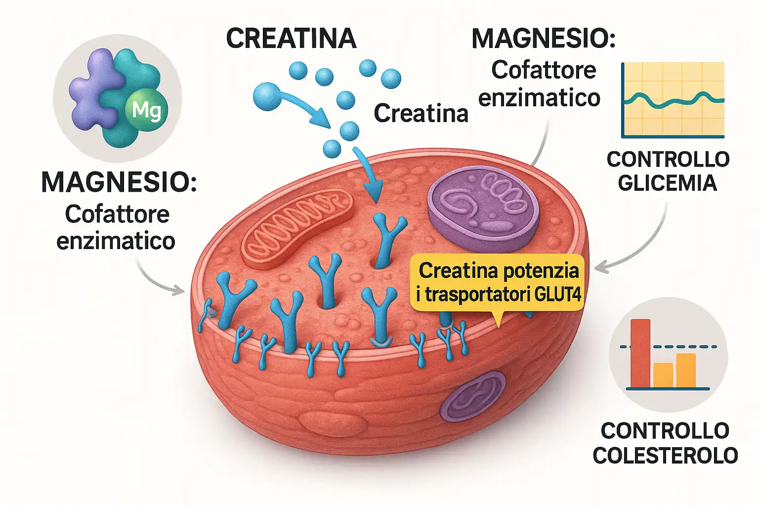 Cellula muscolare con molecole di creatina che potenziano i trasportatori GLUT4 e icone che mostrano i ruoli del magnesio.
